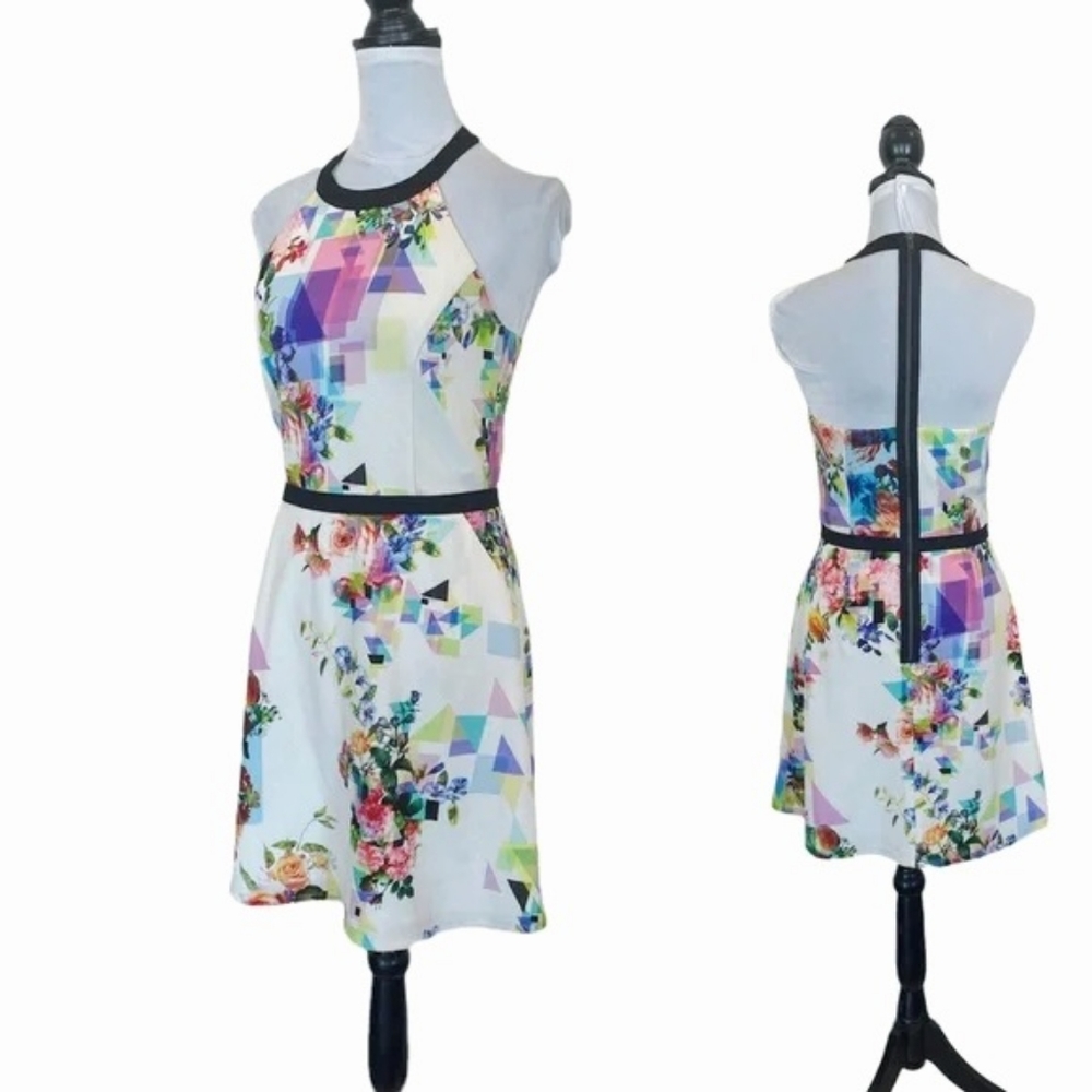 Naf Naf sleeveless floral pattern open back zipper cut out dress size 40